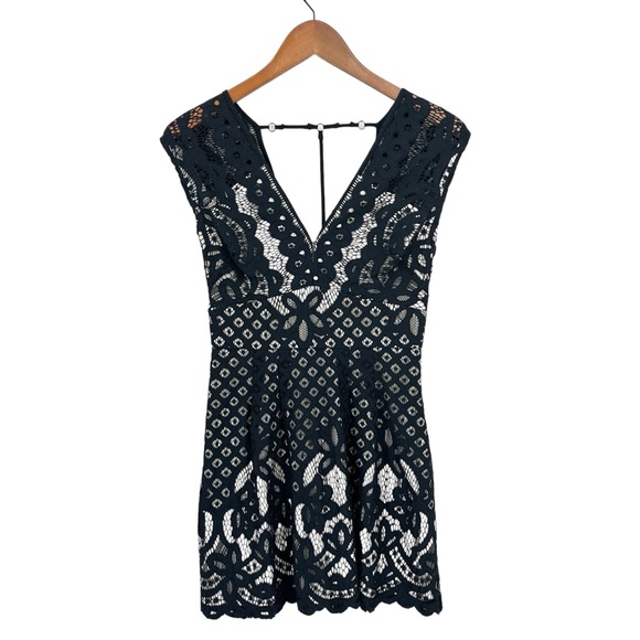 FREE PEOPLE Mini Dress Deep V Strappy Open Lined Sexy Lace Black - Picture 2 of 8